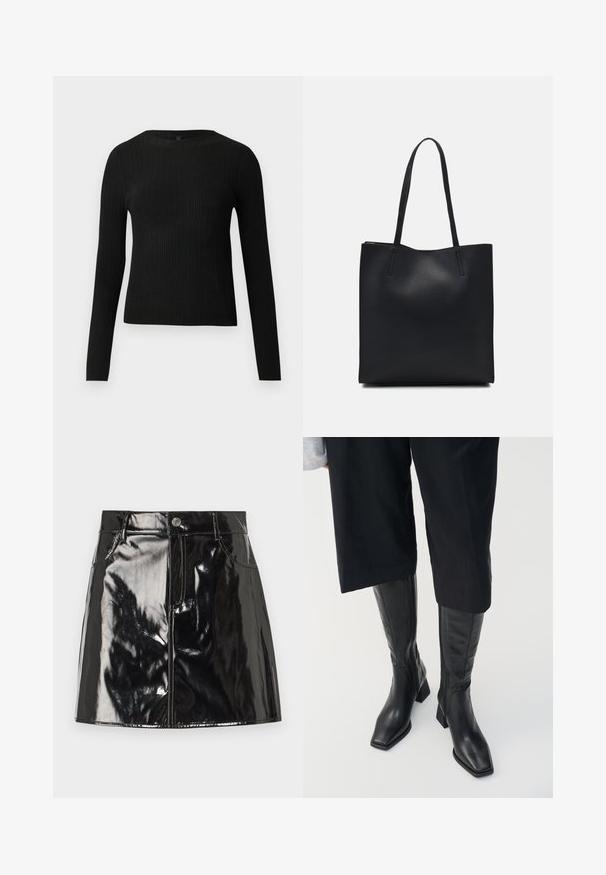 Suéter preto de mangas compridas com textura canelada, justo ao corpo, com um decote redondo, exibido contra um fundo claro e liso.; Saia mini de verniz preto com acabamento brilhante, apresentando um fecho de botão, passadores de cinto e bolsos frontais para um detalhe adicional.; Botas de couro pretas até ao joelho com biqueira quadrada e salto bloco. Apresentam um fecho de correr lateral e uma textura suave.; Bolsa tote preta em couro com textura lisa, forma retangular e duas alças longas. Sem hardware ou enfeites visíveis.