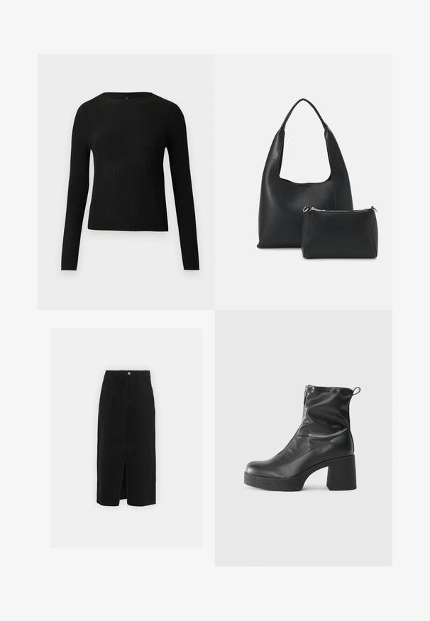 Fekete bordázott, hosszú ujjas, testhez simuló pulóver kerek nyakkivágással, világos, egyszínű háttér előtt kiemelve.; Fekete farmer midi szoknya, elülső hasítékkal, klasszikus öt zsebes kialakítással és ezüst gombos záródással a deréknál.; Fekete bokacsizmák sima bőrből, oldalsó cipzárral, vastag, texturált sarkú és lekerekített orrú dizájnnal.; Even&Odd Kézitáska - black
