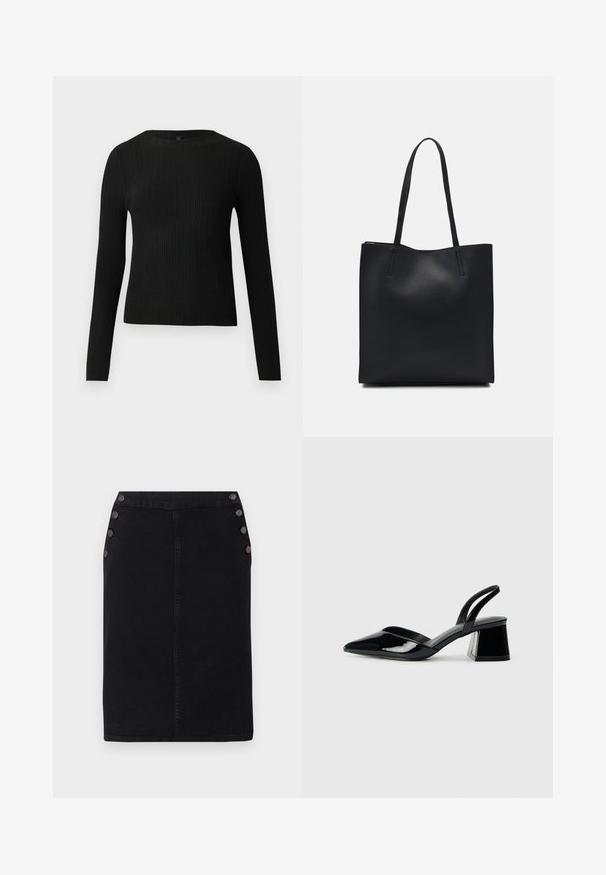 Pull ajusté noir à manches longues et côtelé avec un col rond, présenté sur un fond clair uni.; Jupe crayon en denim noir avec une silhouette droite, dotée de grandes boutons décoratifs sur le côté gauche et d'un détail de couture à l'avant.; Escarpins en cuir verni noir avec bout pointu et talon bloc géométrique. Présente un design élégant et minimaliste ainsi qu'une texture lisse.; Sac fourre-tout en cuir noir avec une texture lisse, de forme rectangulaire et deux longues poignées. Pas de matériel ou d'ornementations visibles.