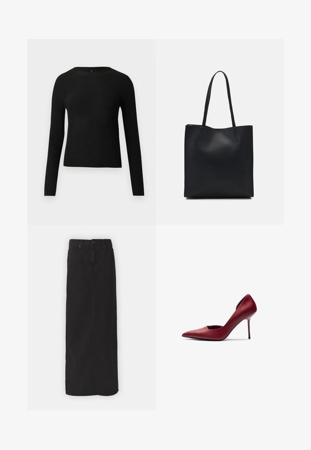 Čierny rebrovaný pulóver s dlhým rukávom, priliehajúci, s okrúhlym výstrihom, vystavený na jednoduchom svetlom pozadí.; Čierna denimová maxi sukňa s rovný strihom, prednými vreckami, pútkami na opasok a jedným gombíkom na uzavretie v páse. Hladká textúra tkaniny.; Červená kožená lodička na vysokom opätku s ostrou špičkou a otvoreným bočným dizajnom, ktorá má štíhly stiletto opätok a hladký povrch.; Čierna kožená taška na rameno s hladkým povrchom, obdĺžnikovým tvarom a dvoma dlhými uchami. Bez viditeľného kovania alebo ozdôb.