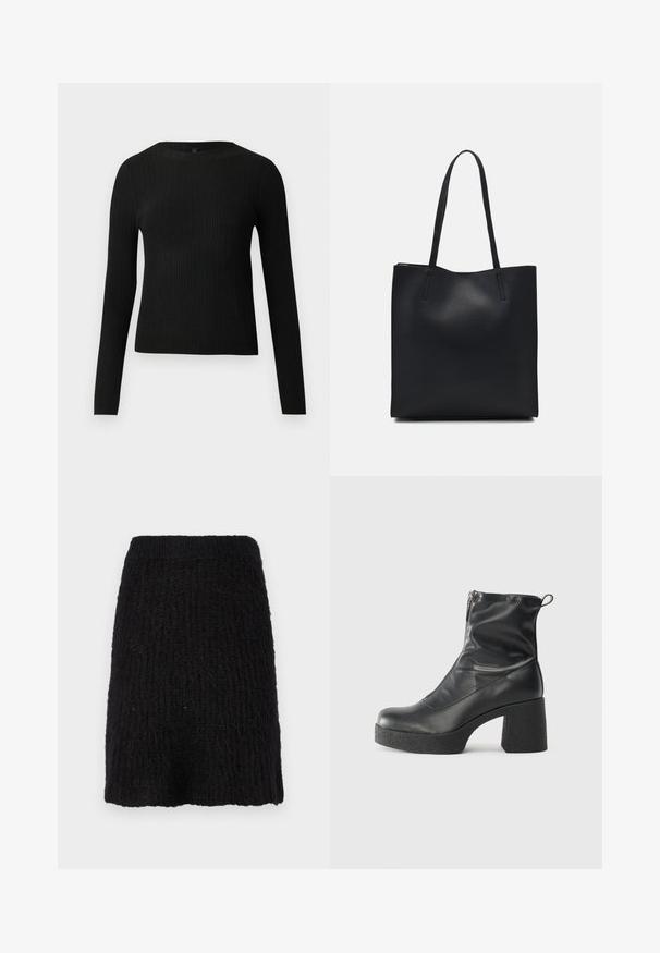 Mustmustriibuline must pikavarsiline sobiv sviiter ümmarguse kaelusega, esitatud helehallil taustal.; Mustus kudum skirt koos tekstuuriga mustriga, keskmise pikkusega ja laia vöökohaga. Materjal näeb välja pehme ning kergelt karvane pinnaga.; Mustad mustad ansapüksid, mis on valmistatud siledast nahast, külje zipperiga, paksu tekstuuriga kontsaga ja ümmarguse nina disainiga.; Mustast nahast kott sujuva tekstuuriga, ristkülikukujuline ja kahe pika sangaga. Pole nähtavat riistvara ega kaunistusi.