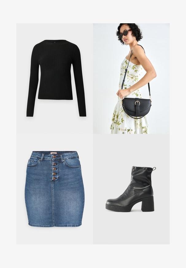 Black ribbed long-sleeve fitted sweater with a round neckline, displayed against a plain light background.; Denim skirt in medium blue with a fitted silhouette. Features a five-button front closure, two front pockets, and stitched hem.; Black ankle boots made of smooth leather, featuring a side zipper, chunky textured heel, and rounded toe design.; Black leather handbag with a curved shape, detachable strap, and gold hardware. The bag features a flap with a buckle detail.