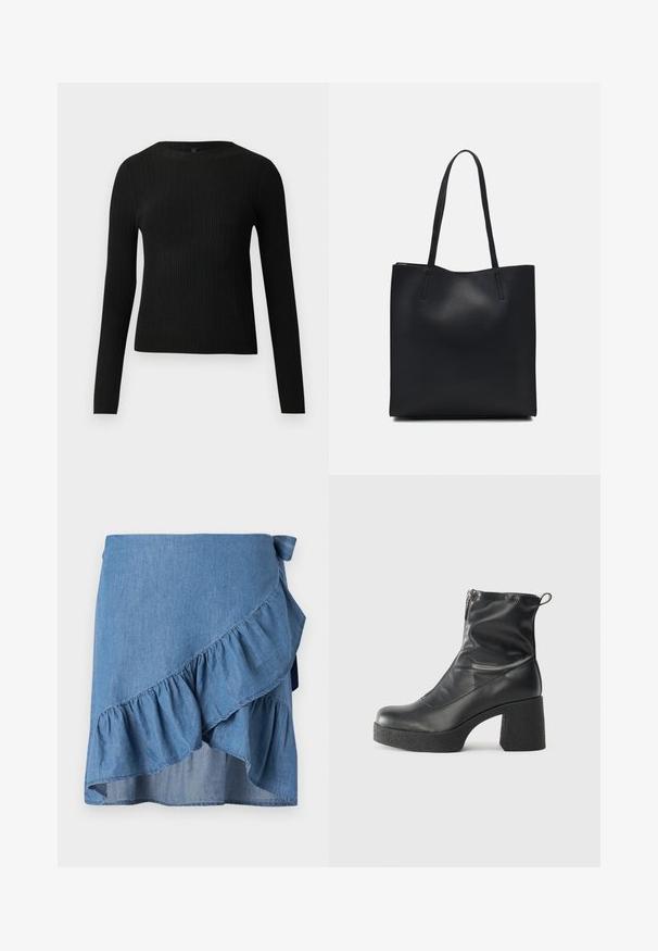 Melna, ribota, garām piedurknēm pieguļoša džemperis ar apaļu kakla izgriezumu, izlikta pret vienkāršu gaišu fonu.; Gaišu zilu džinsa apvalku svārku ar volānveida apakšmalu un auklu jostas detalizējumā. Gluda tekstūra un plūstoša silueta.; Melni potītes zābaki, kas izgatavoti no gludas ādas, ar sānu rāvējslēdzēju, masīvu strukturētu papēdi un noapaļotu purngalu.; Melnas ādas somiņa ar gludu tekstūru, taisnstūra formu un divām garām rokturiem. Nav redzamu aparatūras vai rotājumu.