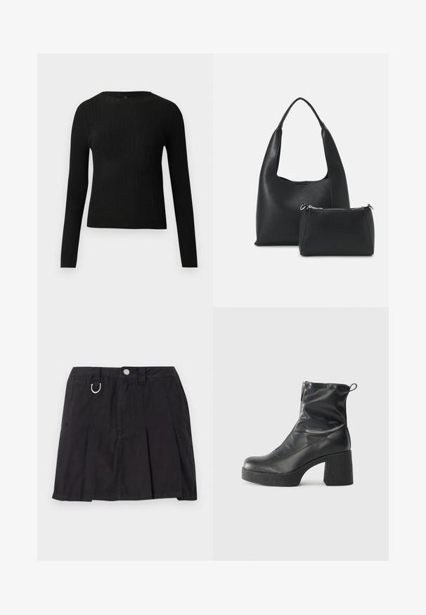 Juoda dryžuota ilga rankovė prigludusi megztinis su apvalia iškirpte, pateiktas prieš paprastą šviesią fono.; Juodas klostuotas sijonas, pagamintas iš medvilnės, su priekiniais mygtukais, diržo kilpomis ir D formos akcentu ant juosmens.; Juodos kulkšninių botai, pagaminti iš lygaus odos, su šoniniu užtrauktuku, masyviu tekstūruotu kulnu ir apvaliu pirštu.; Even&Odd Rankinė - black