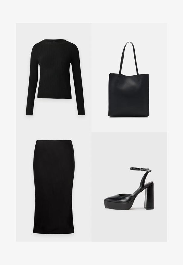 Svart ribbestrikket langermet tettsittende genser med rund hals, vist mot en ensfarget lys bakgrunn.; Svart, tettsittende midi-lansing med en jevn tekstur, sideslitt-detalj og en klassisk midje. Designet for en elegant silhuett.; Sorte plattformhelter med spiss tå og justerbar ankelrem. Laget av glatt lær, med en robust blokkhel.; Svart lær tote bag med glatt tekstur, rektangulær form og to lange håndtak. Ingen synlige deler eller dekorasjoner.