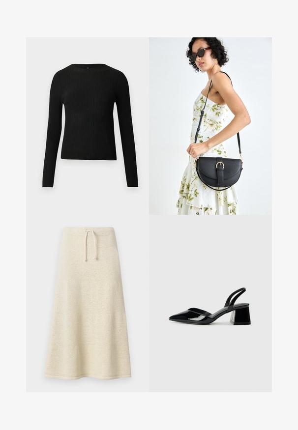 Black ribbed long-sleeve fitted sweater with a round neckline, displayed against a plain light background.; Knee-length, cream knit skirt with soft texture, drawstring waistband, and flared silhouette. Minimal design without patterns or embellishments.; Black patent leather slingback heels with a pointed toe and a geometric block heel. Features a sleek, minimal design and smooth texture.; Black leather handbag with a curved shape, detachable strap, and gold hardware. The bag features a flap with a buckle detail.