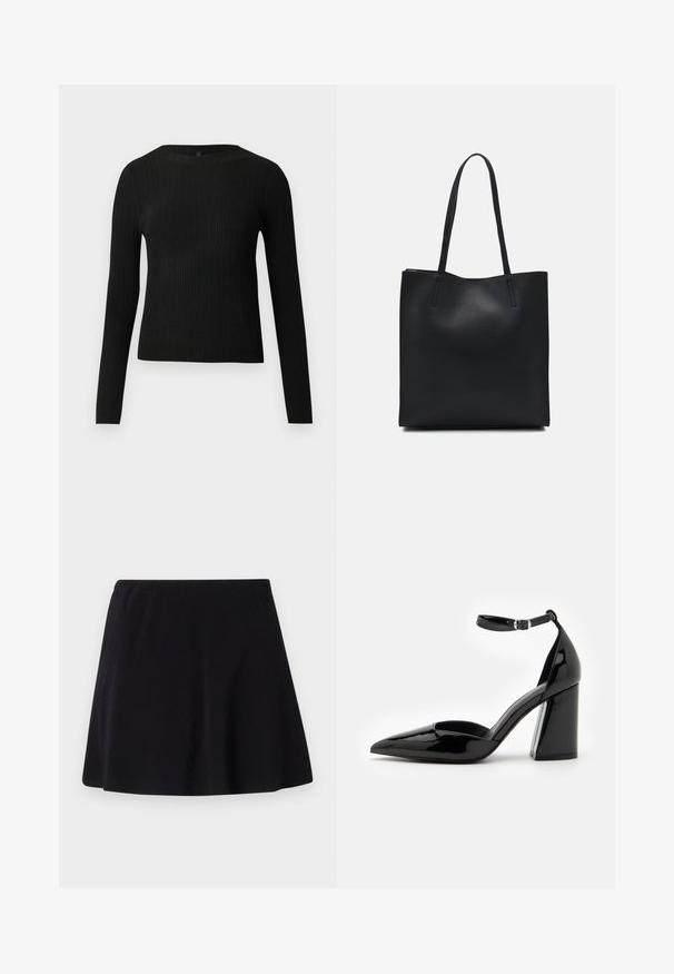 Pull ajusté noir à manches longues et côtelé avec un col rond, présenté sur un fond clair uni.; Jupe noire, longueur au-dessus du genou, fabriquée dans un tissu léger avec une texture subtile, dotée d'un design évasé et d'une ceinture élastique.; Chaussure à talon haut en cuir verni noir avec un bout pointu, une bride de cheville et un large talon bloc pour la stabilité, présentant une texture lisse et brillante.; Sac fourre-tout en cuir noir avec une texture lisse, de forme rectangulaire et deux longues poignées. Pas de matériel ou d'ornementations visibles.