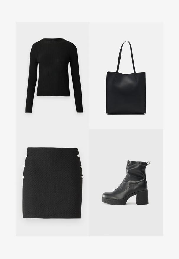 Pulover negru cu mâncă lungă, cu textură ribbed, cu decolteu rotund, expus pe un fundal deschis și simplu.; Fustă mini neagră cu un material texturat, având capse argintii pe lateral pentru detaliere. Siluetă simplă, ajustată.; Bocanci negri de glezna din piele netedă, cu fermoar lateral, toc texturat și masiv, și design cu vârf rotund.; Geantă tote neagră din piele, cu textură netedă, formă rectangulară și două mânere lungi. Fără hardware vizibil sau ornamente.