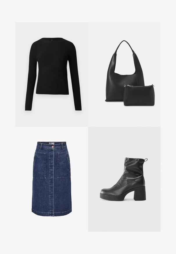 Černý žebrovaný dlouhý rukáv těsně padnoucí svetr s kulatým výstřihem, vystavený na jednoduchém světlém pozadí.; Džínová áčková sukně v tmavě modré barvě, vybavená dvěma velkými předními kapsami, středovým zapínáním na knoflík a kontrastním prošitím podél švů.; Černé kotníkové boty vyrobené z hladké kůže, s bočním zipem, robustním strukturovaným podpatkem a kulatou špičkou.; Even&Odd Kabelka - black