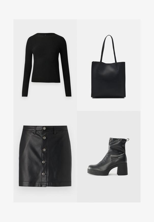 Pulover negru cu mâncă lungă, cu textură ribbed, cu decolteu rotund, expus pe un fundal deschis și simplu.; Fustă din piele neagră cu un design ajustat, având cinci butoane metalice argintii pe față și o linie a tivului dreaptă. Textură netedă.; Bocanci negri de glezna din piele netedă, cu fermoar lateral, toc texturat și masiv, și design cu vârf rotund.; Geantă tote neagră din piele, cu textură netedă, formă rectangulară și două mânere lungi. Fără hardware vizibil sau ornamente.