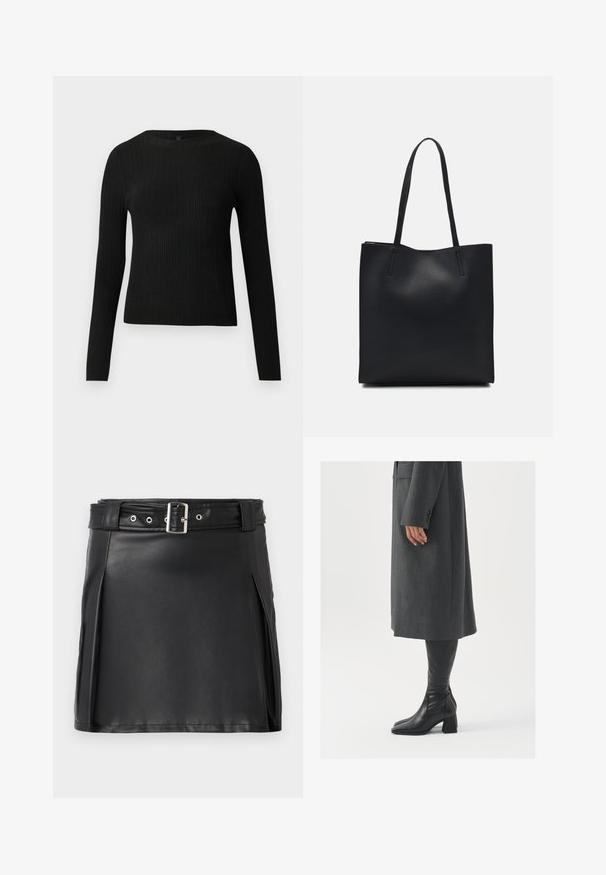Črna rebrasta dolgosleeve prilegnjena pulover s krožnim ovratnikom, prikazan na enostavni svetli podlagi.; Črna mini krilka iz umetnega usnja s prilegajočim dizajnom, stranskimi naborki in pasom z srebrno zaponko in režami. Gladka tekstura, visok pas.; Siv prešita zimska plašča ravnega kroja; obuta z visokimi črnimi usnjenimi škornji, ki imajo kvadratni nos in debel pet.; Črna usnjena torba s svilnato teksturo, pravokotne oblike in dvema dolgima ročajema. Brez vidnih metalnih delov ali okrasnih elementov.