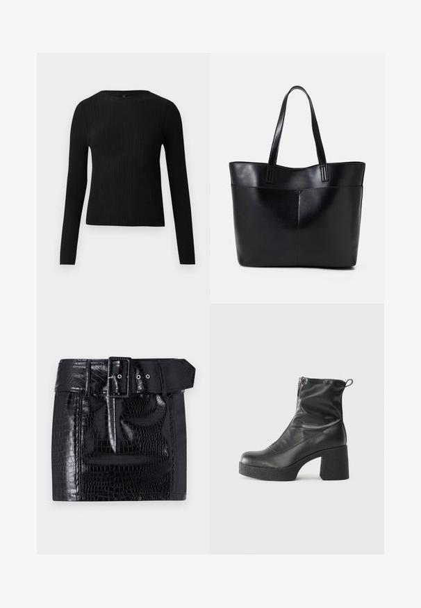 Svart ribbestrikket langermet tettsittende genser med rund hals, vist mot en ensfarget lys bakgrunn.; Svart imitert skinn mini skjørt med krokodillemønster, bred belte med firkantet spenne, og trykknappdetalj i livet.; Svarte ankelstøvler laget av glatt lær, med glidelås på siden, chunky strukturert hæl, og rund tå-design.; Svart lær toteveske med to lange håndtak, en glatt tekstur og en strukturert form. Har en frontlomme for ekstra oppbevaring.
