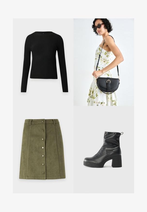 Black ribbed long-sleeve fitted sweater with a round neckline, displayed against a plain light background.; Olive green skirt made of soft suede-like material. Features a front button closure with metal buttons and a straight cut.; Black ankle boots made of smooth leather, featuring a side zipper, chunky textured heel, and rounded toe design.; Black leather handbag with a curved shape, detachable strap, and gold hardware. The bag features a flap with a buckle detail.