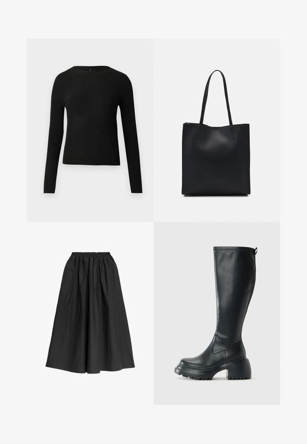 Suéter negro de manga larga ajustado con estampado de canalé y cuello redondo, exhibido sobre un fondo claro y liso.; Falda negra hasta el tobillo, hecha de un tejido ligero. Cuenta con una cintura elástica y un diseño amplio y fluido con una textura sutil.; Bota alta de cuero negro con suela de plataforma gruesa y tacón cuadrado, que cuenta con una lengüeta y un relieve texturizado en la suela exterior.; Bolso tote de cuero negro con textura lisa, forma rectangular y dos asas largas. Sin herrajes ni adornos visibles.