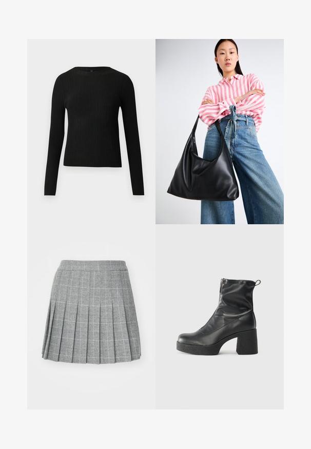 Črna rebrasta dolgosleeve prilegnjena pulover s krožnim ovratnikom, prikazan na enostavni svetli podlagi.; Siva karirana plisirana krilna z strukturiranim pasom, s kockastim vzorcem v temnih in svetlih odtenkih. Gladka tekstura, krilo do kolen.; Črne gležnjarje iz gladke kože z božnim zadrgo, masivnim teksturiranim peto in zaobljeno obliko prstov.; Črna usnjena torba preko ramena z ohlapno obliko in šivnimi detajli. Model nosi roza in belo črtasto srajco ter široke modre kavbojke.