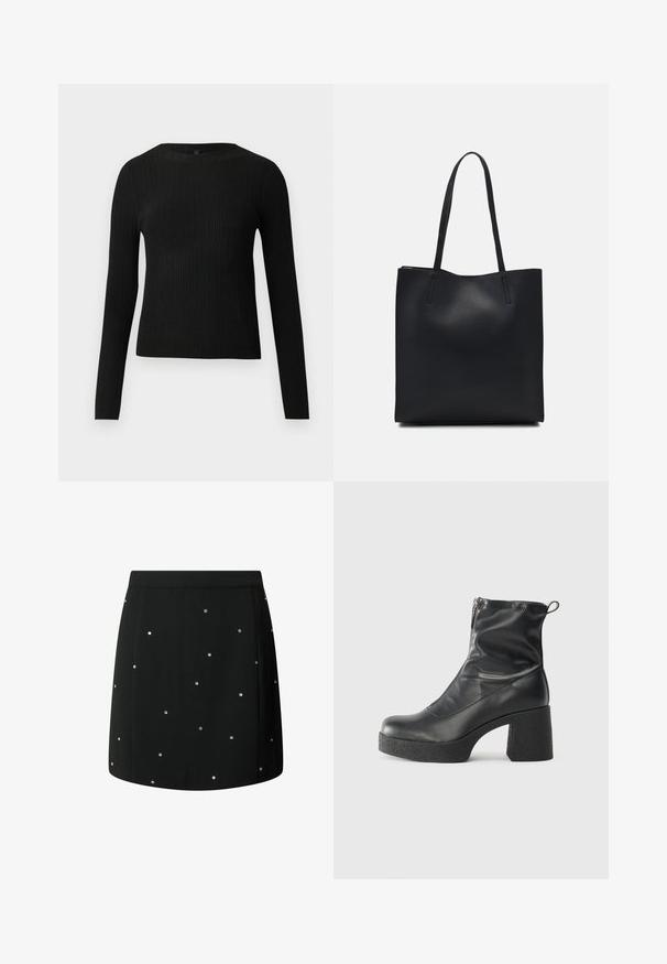 Crni rebrasti dugouhasti pripijeni pulover s okruglim izrezom, prikazan na jednostavnoj svijetloj pozadini.; Crna suknja od tkanine glatke teksture, s raspršenim srebrnim zakovicama kao akcentima. Ravnog kroja s čistim rubom.; Crne gležnjače od glatke kože, s bočnim zatvaračem, debelim teksturiranim potplatom i dizajnom s zaobljenim prstima.; Crna kožna torba za nošenje s glatkom teksturom, pravokutnim oblikom i dvije duge ručke. Nema vidljivih metalnih dijelova ili ukrasa.