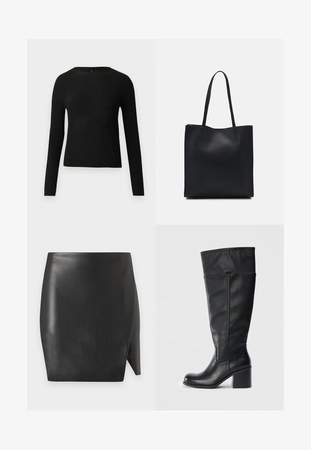 Zwarte geribde langochtriem trui met een ronde halslijn, weergegeven tegen een effen lichte achtergrond.; Zwarte leren minirok met een gladde textuur, met een rechte silhouet en een asymmetrische zoom aan één kant.; Knielange zwarte leren laarzen met een blokhak, een gladde textuur en stikseldetails langs de zijkanten. Eenvoudig en modern ontwerp.; Zwarte leren handtas met een gladde textuur, rechthoekige vorm en twee lange handvaten. Geen zichtbare hardware of versieringen.
