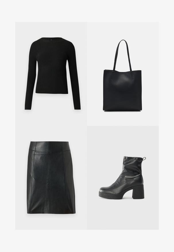 Black ribbed long-sleeve fitted sweater with a round neckline, displayed against a plain light background.; Black leather skirt with a fitted design. Smooth texture, seams outlining shape, and a straight hem. Minimalistic and sleek appearance.; Black ankle boots made of smooth leather, featuring a side zipper, chunky textured heel, and rounded toe design.; Black leather tote bag with smooth texture, rectangular shape, and two long handles. No visible hardware or embellishments.