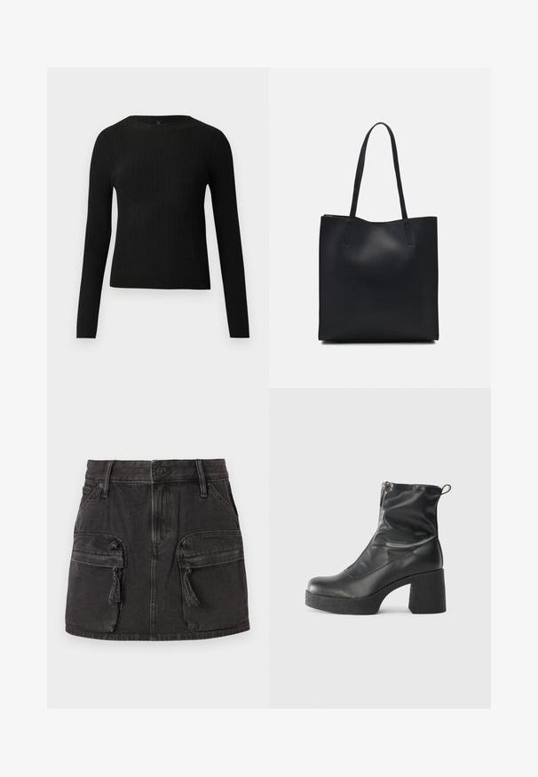 Svart ribbad långärmad åtsittande tröja med rund halsringning, visad mot en enkel ljus bakgrund.; Svart denimkjol med en åtsittande midja, två framsidans cargo-fickor och en blekt textur. Har en knappstängning och bältesöglor.; Svarta ankelstövlar i slitstark läder, med sidodragkedja, kraftig strukturerad klack och rundad tådesign.; Svart lädertoffelväska med slät textur, rektangulär form och två långa handtag. Ingen synlig hårdvara eller dekorationer.