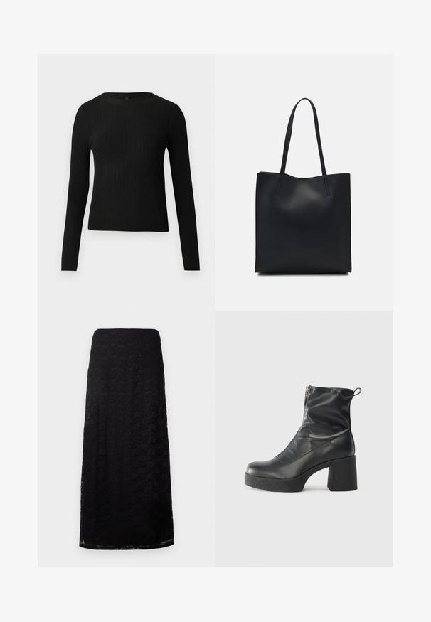 Melna, ribota, garām piedurknēm pieguļoša džemperis ar apaļu kakla izgriezumu, izlikta pret vienkāršu gaišu fonu.; Melna mežģīņu midi svārki ar ziedu rakstu, taisns griezums un smalka tekstūra, attēloti pret vienkāršu baltu fonu.; Melni potītes zābaki, kas izgatavoti no gludas ādas, ar sānu rāvējslēdzēju, masīvu strukturētu papēdi un noapaļotu purngalu.; Melnas ādas somiņa ar gludu tekstūru, taisnstūra formu un divām garām rokturiem. Nav redzamu aparatūras vai rotājumu.