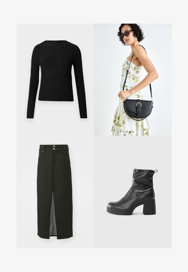 Melna, ribota, garām piedurknēm pieguļoša džemperis ar apaļu kakla izgriezumu, izlikta pret vienkāršu gaišu fonu.; Melna džinsu svārki ar augstu jostasvietu, divām zelta pogām, priekšējo šķēlumu un sānu kabatām. Gluda tekstūra un ceļa garuma dizains.; Melni potītes zābaki, kas izgatavoti no gludas ādas, ar sānu rāvējslēdzēju, masīvu strukturētu papēdi un noapaļotu purngalu.; Melnas ādas rokassoma ar izliekta formu, noņemamu siksnu un zelta aksesuāriem. Somai ir vāciņš ar sprādzes detaļu.