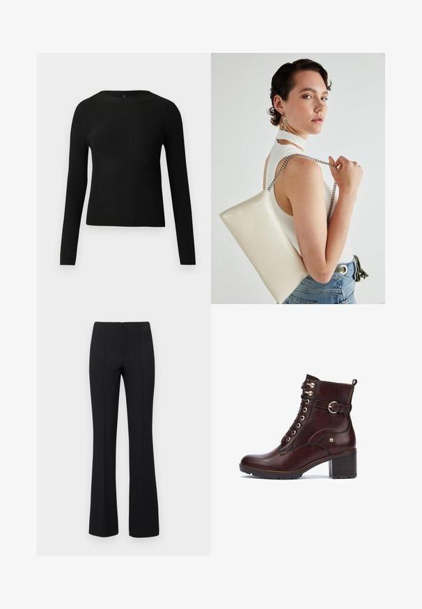 Črna rebrasta dolgosleeve prilegnjena pulover s krožnim ovratnikom, prikazan na enostavni svetli podlagi.; Črne razširjene hlače z rebrasto teksturo in oprijetim pasom. Oblikovanje vključuje navpične šive za optimiziran videz. Brez vidnih kovinskih delov.; Pikolinos LLANES - Gležnjarji - dark brown; Bela pravokotna torbica za ključe iz sijajnega materiala, opremljena s srebrno verižico. Model pozira in prikazuje torbico na enobarvni podlagi.