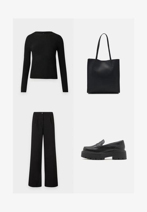 Črna rebrasta dolgosleeve prilegnjena pulover s krožnim ovratnikom, prikazan na enostavni svetli podlagi.; Črne hlače širokega kroja z visokim pasom, z zapiranjem na gumbe in zadrgo spredaj, ki imajo diskretne naborke pod pasom.; Črne usnjene loaferke z nizkim, robustnim gumijastim podplatom, šivanim detajlom na zgornjem delu in gladko teksturo.; Črna usnjena torba s svilnato teksturo, pravokotne oblike in dvema dolgima ročajema. Brez vidnih metalnih delov ali okrasnih elementov.
