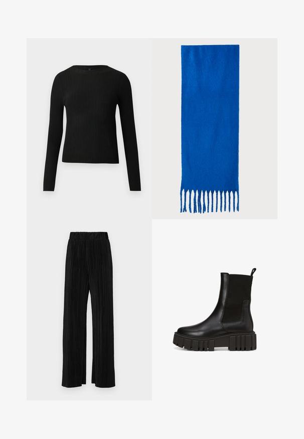 Suéter preto de mangas compridas com textura canelada, justo ao corpo, com um decote redondo, exibido contra um fundo claro e liso.; Calças pregueadas pretas com uma cintura elástica. Apresentam pernas largas e um tecido liso, texturizado com riscas verticais.; Botas de tornozelo em couro preto com sola de plataforma robusta e painéis laterais elásticos para fácil colocação. Marcação subtil na lateral.; Cachecol azul com franjas, feito de tecido macio; apresenta uma cor sólida com uma superfície texturizada e franjas cortadas de forma uniforme na parte inferior.; Bolsa tote preta em couro com textura lisa, forma retangular e duas alças longas. Sem hardware ou enfeites visíveis.
