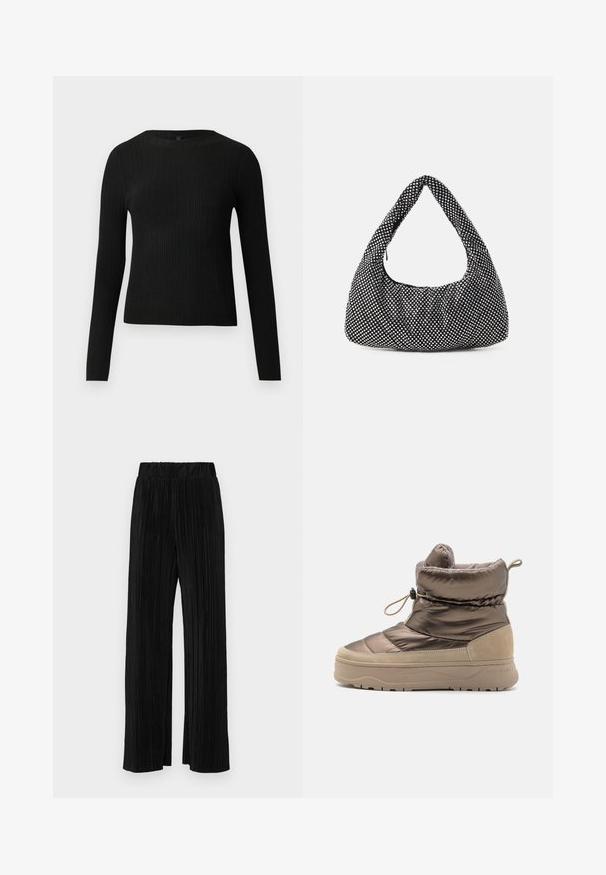 Crni rebrasti dugouhasti pripijeni pulover s okruglim izrezom, prikazan na jednostavnoj svijetloj pozadini.; Crne plisirane hlače s elastičnim pojasom. Imaju široke nogavice i glatku, teksturiranu tkaninu s vertikalnim prugama.; Pamučne čizme do gležnjeva s sjajnom smešnom sintetikom, akcentima od antilopa, zaobljenim vrhom i teksturiranom bež potplatom s uvučenom ručkom.; Crna torba s zakrivljenim, hobo oblikom, izrađena od teksturiranog materijala s srebrnim zakovicama. Ima jedan gornji ručak, zatvaranje munje i mekanu siluetu.