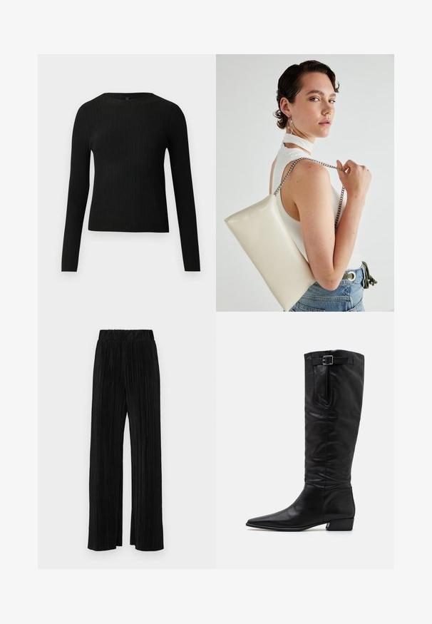 Suéter preto de mangas compridas com textura canelada, justo ao corpo, com um decote redondo, exibido contra um fundo claro e liso.; Calças pregueadas pretas com uma cintura elástica. Apresentam pernas largas e um tecido liso, texturizado com riscas verticais.; Botas de couro pretas até ao joelho com bico fino, salto plano e detalhe de fivela lateral; textura suave e design elegante.; Bolsa de mão retangular branca, feita de material brilhante, com uma alça em corrente prateada. Modelo posa, exibindo a bolsa contra um fundo simples.