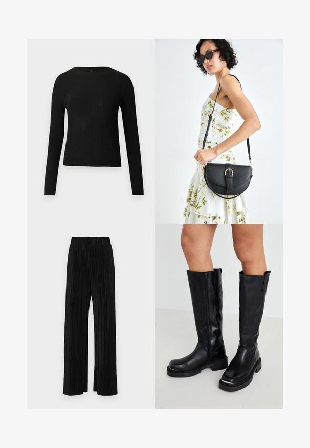 Pulover negru cu mâncă lungă, cu textură ribbed, cu decolteu rotund, expus pe un fundal deschis și simplu.; Pantaloni negri plisati cu talie elastică. Prezintă picioare largi și un material neted, texturat, cu dungi verticale.; Cizme din piele neagră până la genunchi, cu fermoar lateral, talpă de cauciuc groasă și finisaj texturat, având un design minimalist.; Geantă din piele neagră, cu o formă curbată, curea detașabilă și accesorii aurii. Geanta are un capac cu un detaliu tip cataramă.