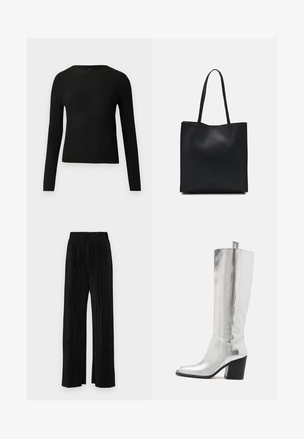 Black ribbed long-sleeve fitted sweater with a round neckline, displayed against a plain light background.; Black pleated trousers with an elastic waistband. Features wide legs and a smooth, textured fabric with vertical stripes.; Knee-high silver leather boots with a square toe, accentuated by a shiny metallic finish, and a sturdy black block heel.; Black leather tote bag with smooth texture, rectangular shape, and two long handles. No visible hardware or embellishments.