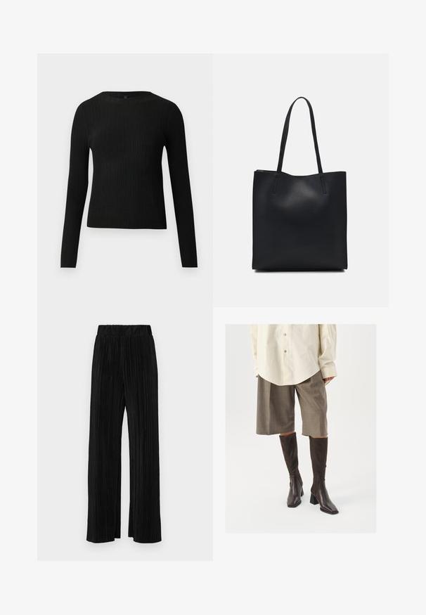Suéter preto de mangas compridas com textura canelada, justo ao corpo, com um decote redondo, exibido contra um fundo claro e liso.; Calças pregueadas pretas com uma cintura elástica. Apresentam pernas largas e um tecido liso, texturizado com riscas verticais.; Botas castanhas até ao joelho com bico quadrado e salto bloco, combinadas com uma camisa oversized beje e calças culottes castanhas à quadrados.; Bolsa tote preta em couro com textura lisa, forma retangular e duas alças longas. Sem hardware ou enfeites visíveis.