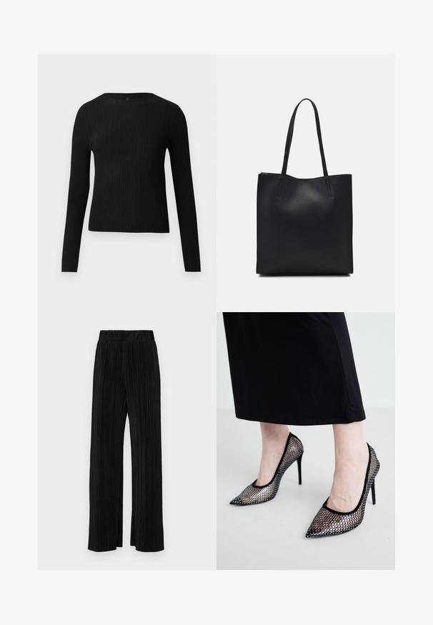 Černý žebrovaný dlouhý rukáv těsně padnoucí svetr s kulatým výstřihem, vystavený na jednoduchém světlém pozadí.; Černé plisované kalhoty s elastickým pasem. Mají široké nohavice a hladkou, strukturovanou tkaninu s vertikálními pruhy.; Černé síťované lodičky s špičatou špičkou a tenkým jehlovým podpatkem. Vzorovaný design obsahuje kruhové výřezy, což poskytuje poloprůhledný vzhled.; Černá kožená taška přes rameno s hladkým povrchem, obdélníkovým tvarem a dvěma dlouhými uchy. Žádné viditelné kování ani ozdoby.