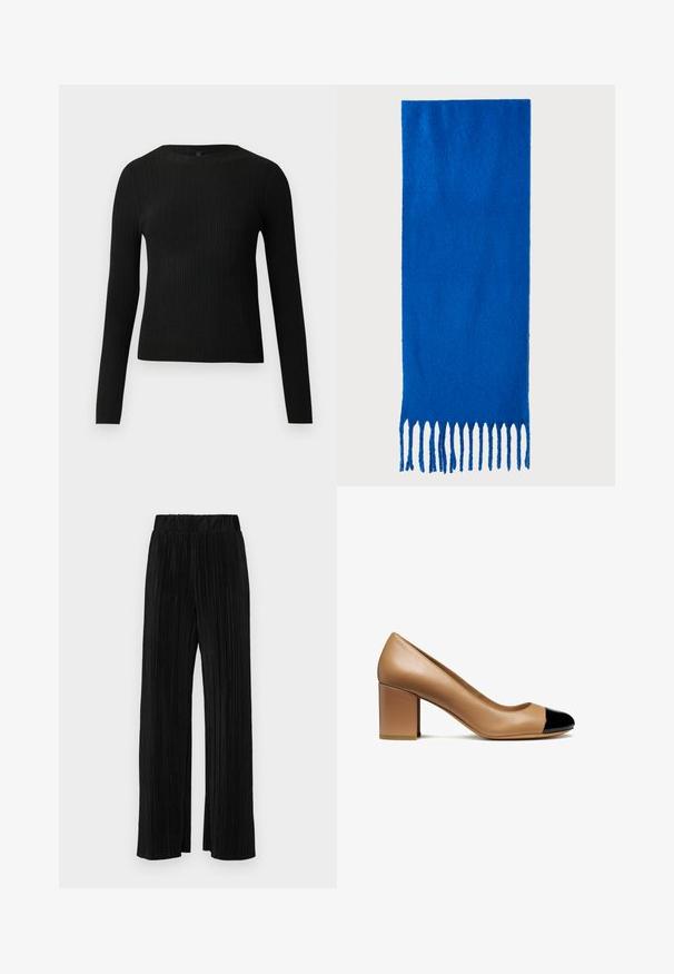 Fekete bordázott, hosszú ujjas, testhez simuló pulóver kerek nyakkivágással, világos, egyszínű háttér előtt kiemelve.; Fekete pliszírozott nadrág gumis derekkal. Széles lábakkal rendelkezik, sima, texturált anyagból készült, függőleges csíkokkal.; Beige bőr magassarkú cipő kerek orral és fekete lakkorr-sapkával, tömbtalppal és sima textúrával.; Kék, rojtos sál puha anyagból; egyszínű, texturált felülettel rendelkezik, az alján pedig egyenletesen vágott rojttal van ellátva.; Fekete bőrtáska sima felszínnel, téglalap alakú, két hosszú füllel. Nincs látható fémkiegészítő vagy díszítés.