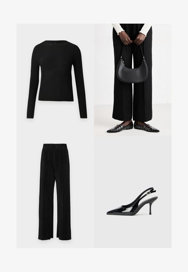 Black ribbed long-sleeve fitted sweater with a round neckline, displayed against a plain light background.; Black pleated trousers with an elastic waistband. Features wide legs and a smooth, textured fabric with vertical stripes.; Black patent leather slingback pump with a pointed toe and slender heel. Features an adjustable buckle strap at the back. Smooth texture.; Black leather shoulder bag with a rounded shape, glossy finish, and silver hardware. Person wearing black wide-leg pants and studded loafers.