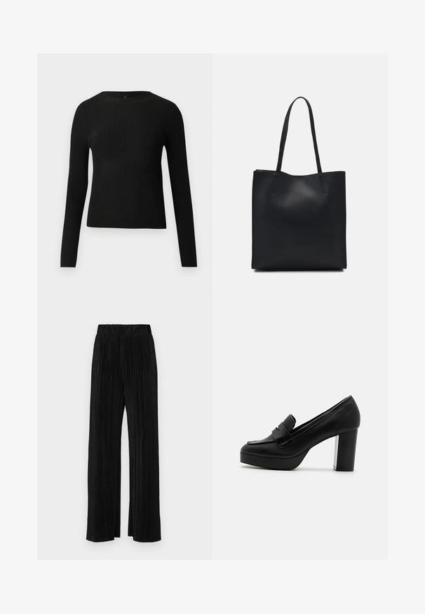 Černý žebrovaný dlouhý rukáv těsně padnoucí svetr s kulatým výstřihem, vystavený na jednoduchém světlém pozadí.; Černé plisované kalhoty s elastickým pasem. Mají široké nohavice a hladkou, strukturovanou tkaninu s vertikálními pruhy.; Černé kožené platformové mokasíny na vysokém podpatku s špičatou špičkou a dekoračním páskem. Podpatek má texturovaný stříbrný akcent.; Černá kožená taška přes rameno s hladkým povrchem, obdélníkovým tvarem a dvěma dlouhými uchy. Žádné viditelné kování ani ozdoby.