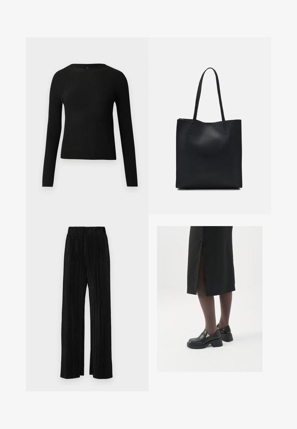 Černý žebrovaný dlouhý rukáv těsně padnoucí svetr s kulatým výstřihem, vystavený na jednoduchém světlém pozadí.; Černé plisované kalhoty s elastickým pasem. Mají široké nohavice a hladkou, strukturovanou tkaninu s vertikálními pruhy.; Černé kožené boty s kulatou špičkou, silným blokovým podpatkem a elastickými bočními akcenty, spárované s tmavými punčochami a černou sukní se rozparkem.; Černá kožená taška přes rameno s hladkým povrchem, obdélníkovým tvarem a dvěma dlouhými uchy. Žádné viditelné kování ani ozdoby.