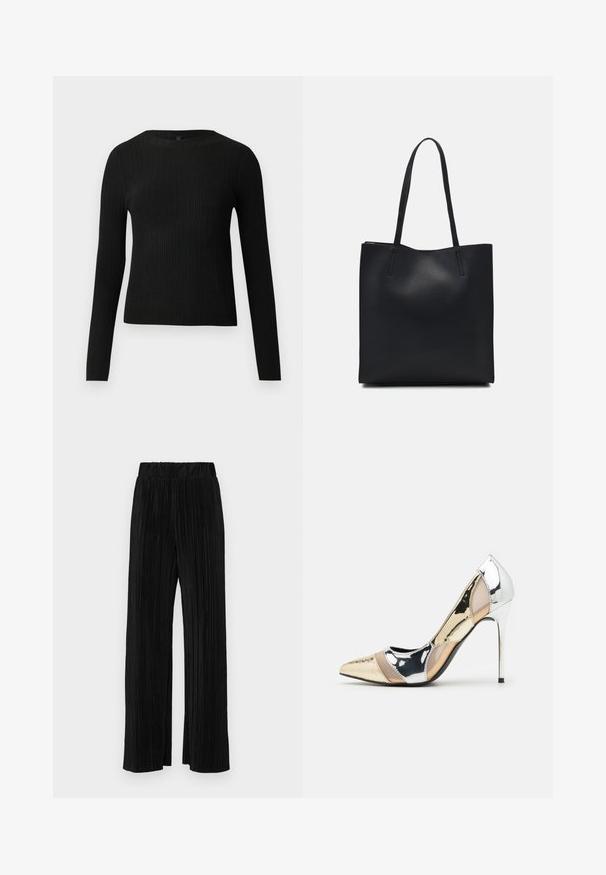 Pulover negru cu mâncă lungă, cu textură ribbed, cu decolteu rotund, expus pe un fundal deschis și simplu.; Pantaloni negri plisati cu talie elastică. Prezintă picioare largi și un material neted, texturat, cu dungi verticale.; Pantof cu toc înalt și vârf ascuțit, cu o schemă de culori argintii, aurii și nude. Finisaj lucios cu un design decupat, având un toc stiletto.; Geantă tote neagră din piele, cu textură netedă, formă rectangulară și două mânere lungi. Fără hardware vizibil sau ornamente.