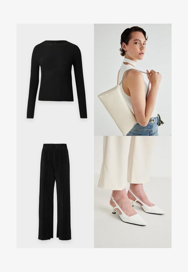 Pull ajusté noir à manches longues et côtelé avec un col rond, présenté sur un fond clair uni.; Pantalons plissés noirs avec une taille élastique. Présente des jambes larges et un tissu lisse texturé avec des rayures verticales.; Talons aiguilles blancs à bout pointu avec un petit talon carré. Présente des panneaux latéraux découpés et une bride ajustable à la cheville pour un maintien sécurisé.; Pochette rectangulaire blanche en matériau brillant, avec une bandoulière en chaîne argentée. Le modèle pose en mettant en valeur le sac contre un fond uni.