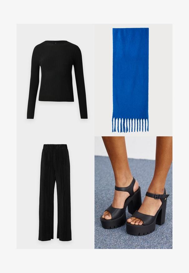 Černý žebrovaný dlouhý rukáv těsně padnoucí svetr s kulatým výstřihem, vystavený na jednoduchém světlém pozadí.; Černé plisované kalhoty s elastickým pasem. Mají široké nohavice a hladkou, strukturovanou tkaninu s vertikálními pruhy.; Černé sandály na platformě s texturovaným svrškem, otevřenou špičkou a kolem kotníku. Masivní podpatek s rýhovanou podrážkou pro záběr.; Modrý šátek s třásněmi vyrobený z měkké tkaniny; má jednobarevný vzhled s texturovaným povrchem a rovnoměrně střiženými třásněmi na spodní straně.; Černá kožená taška přes rameno s hladkým povrchem, obdélníkovým tvarem a dvěma dlouhými uchy. Žádné viditelné kování ani ozdoby.