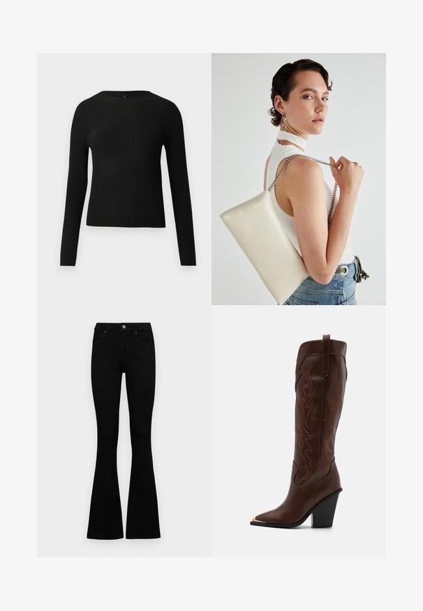 Black ribbed long-sleeve fitted sweater with a round neckline, displayed against a plain light background.; Black high-waist jeans with a button and zip closure, front pockets, and flared legs laid flat on a white background.; RAID RIMSKY - High heeled boots - brown; White rectangular clutch bag made of glossy material, featuring a silver chain strap. Model poses, showcasing the bag against a plain background.