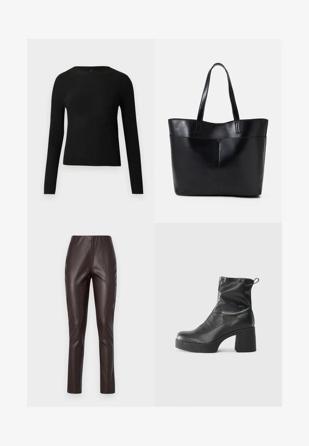 Black ribbed long-sleeve fitted sweater with a round neckline, displayed against a plain light background.; Brown faux leather leggings with a smooth texture, high waist, and slim fit. Features a sleek design without visible seams or embellishments.; Black ankle boots made of smooth leather, featuring a side zipper, chunky textured heel, and rounded toe design.; Black leather tote bag with two long handles, a smooth texture, and a structured shape. Features a front pocket for additional storage.