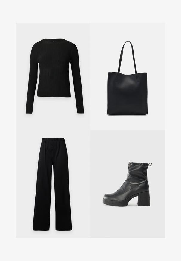 Suéter negro de manga larga ajustado con estampado de canalé y cuello redondo, exhibido sobre un fondo claro y liso.; Pantalones negros de pierna ancha con cintura elástica; hechos de una tela texturizada, con un diseño minimalista y piernas rectas.; Botines negros de tobillo, hechos de cuero suave, con cierre lateral, tacón grueso texturizado y diseño de punta redondeada.; Bolso tote de cuero negro con textura lisa, forma rectangular y dos asas largas. Sin herrajes ni adornos visibles.