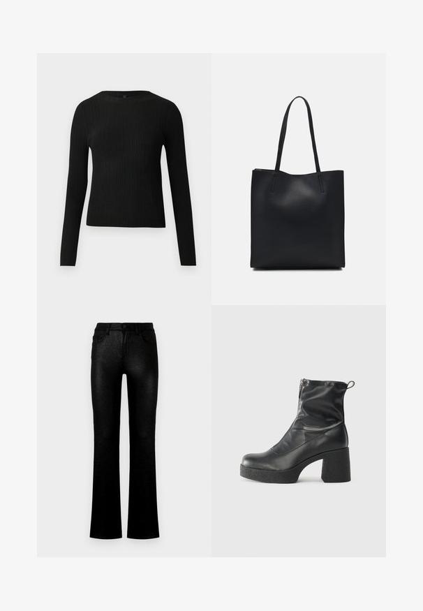 Suéter preto de mangas compridas com textura canelada, justo ao corpo, com um decote redondo, exibido contra um fundo claro e liso.; Jeans pretos flare feitos de um tecido brilhante e texturizado. Apresentam bolsos frontais, fecho de botão e um design clássico de cinco bolsos.; Botas de tornozelo pretas feitas de couro liso, com fecho lateral, salto grosso texturizado e design de bico arredondado.; Bolsa tote preta em couro com textura lisa, forma retangular e duas alças longas. Sem hardware ou enfeites visíveis.