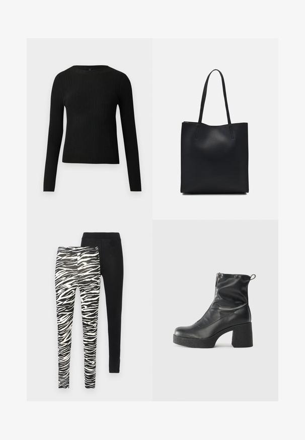 Pull ajusté noir à manches longues et côtelé avec un col rond, présenté sur un fond clair uni.; Deux paires de leggings : l'une à motifs rayés noir et blanc de zèbre, l'autre noire unie. Les deux sont dotées de ceintures élastiques.; Bottes noires à la cheville en cuir lisse, dotées d'une fermeture éclair sur le côté, d'un talon épais texturé et d'une conception à bout rond.; Sac fourre-tout en cuir noir avec une texture lisse, de forme rectangulaire et deux longues poignées. Pas de matériel ou d'ornementations visibles.
