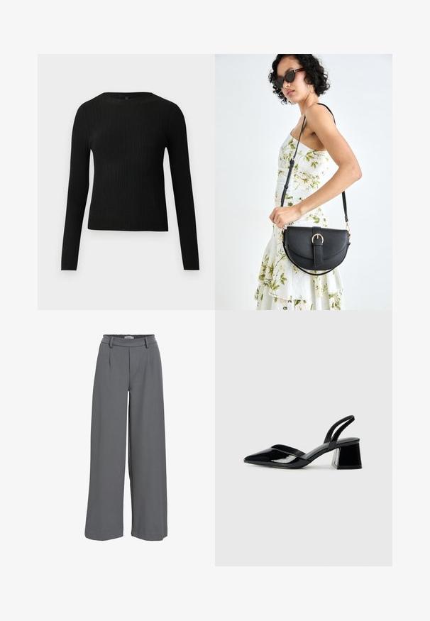Svart ribbestrikket langermet tettsittende genser med rund hals, vist mot en ensfarget lys bakgrunn.; Vidd brede bukser i lys gråt stoff, med en smocket midje, frontfalter og en glatt, myk tekstur.; Svarte patentlær slingback hæler med spiss tå og geometrisk blokk hæl. Har et stilrent, minimalistisk design og jevn tekstur.; Svart lærveske med en buet form, avtagbar stropp og gullbeslag. Vesken har et klaff med spenne-detall.