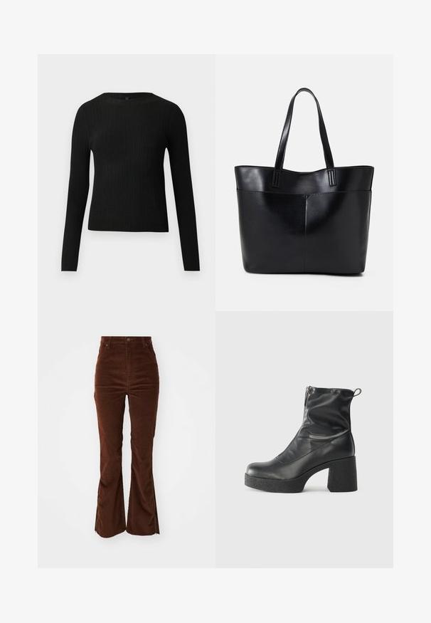 Pull ajusté noir à manches longues et côtelé avec un col rond, présenté sur un fond clair uni.; Pantalons en velours côtelé marron taille haute avec poches avant et jambes évasées, dotés de fermeture éclair le long des coutures extérieures.; Bottes noires à la cheville en cuir lisse, dotées d'une fermeture éclair sur le côté, d'un talon épais texturé et d'une conception à bout rond.; Sac fourre-tout en cuir noir avec deux longues poignées, une texture lisse et une forme structurée. Dispose d'une poche avant pour un rangement supplémentaire.