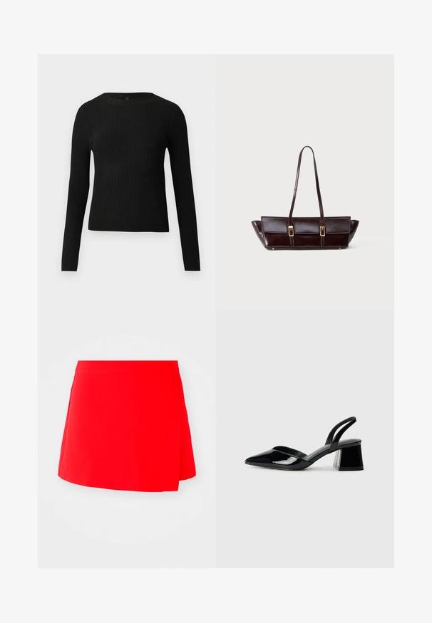 Černý žebrovaný dlouhý rukáv těsně padnoucí svetr s kulatým výstřihem, vystavený na jednoduchém světlém pozadí.; Červená mini sukně s hladkou texturou, která má asymetrický design a přiléhavý pas. Žádné viditelné kovové detaily ani vzory.; Černé lakované kožené lodičky na pásku s špičatou špičkou a geometrickým blokovým podpatkem. Vyznačují se elegantním, minimalistickým designem a hladkým povrchem.; Tmavě hnědá obdélníková kožená kabelka s dlouhými řemeny a dvěma zlatými sponami na předních klopách.