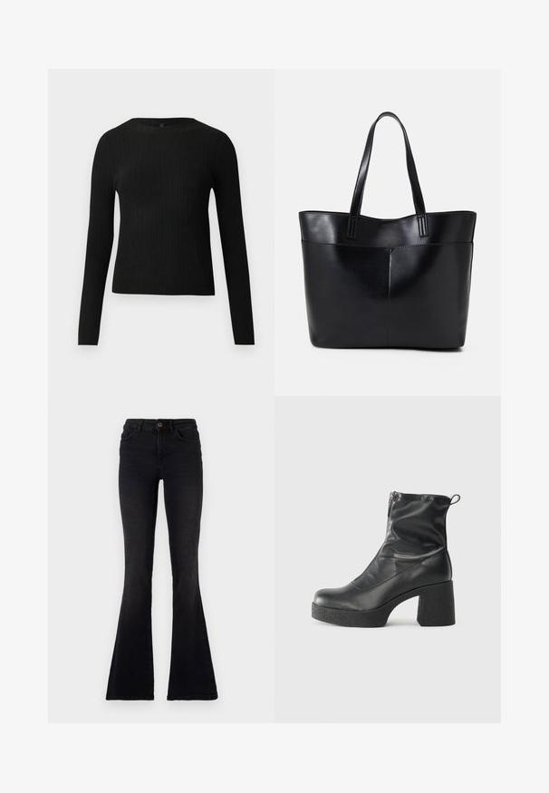 Pull ajusté noir à manches longues et côtelé avec un col rond, présenté sur un fond clair uni.; Jean flare noir en denim. Taille haute avec fermeture à bouton, design élégant et jambes évasées prononcées en bas.; Bottes noires à la cheville en cuir lisse, dotées d'une fermeture éclair sur le côté, d'un talon épais texturé et d'une conception à bout rond.; Sac fourre-tout en cuir noir avec deux longues poignées, une texture lisse et une forme structurée. Dispose d'une poche avant pour un rangement supplémentaire.